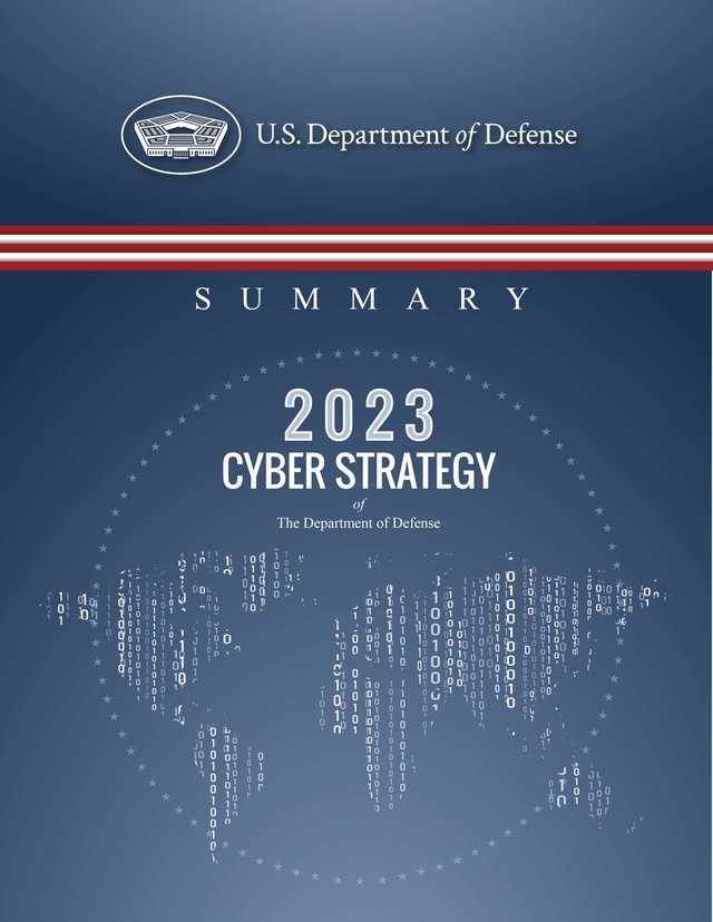 Cover of the 2023 DoD Cyber Strategy Summary: dark navy background with the U.S. Department of Defense seal text at top over a band of red-and-white stripes, the word “SUMMARY” in letter-spaced white capitals, a ring of white stars around “2023 CYBER STRATEGY of The Department of Defense,” and a world map formed from strings of binary code across the lower third