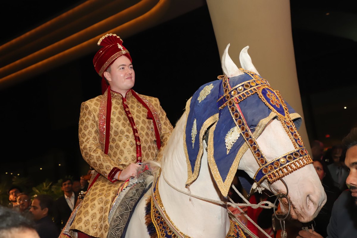 In a gold sherwani and red turban, riding a decorated white horse in the wedding procession