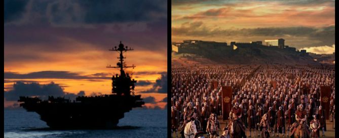 Split image: a U.S. Navy aircraft carrier silhouetted at sunset beside a painting of a massed ancient Roman legion.