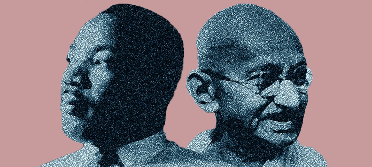Duotone illustration of Martin Luther King Jr. and Mahatma Gandhi in profile, facing away from each other.