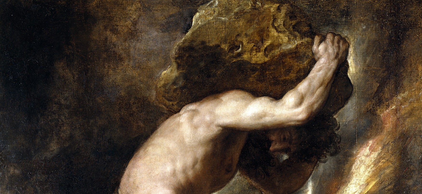 Detail of Titian's Sisyphus: a muscular figure strains under an enormous boulder carried on his shoulders, his head bowed beneath it, embers glowing to the right.