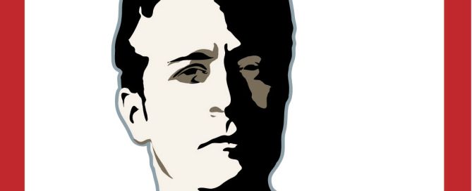 Stylized black-and-white illustration of Jon Stewart's face in profile against a white background with red borders.